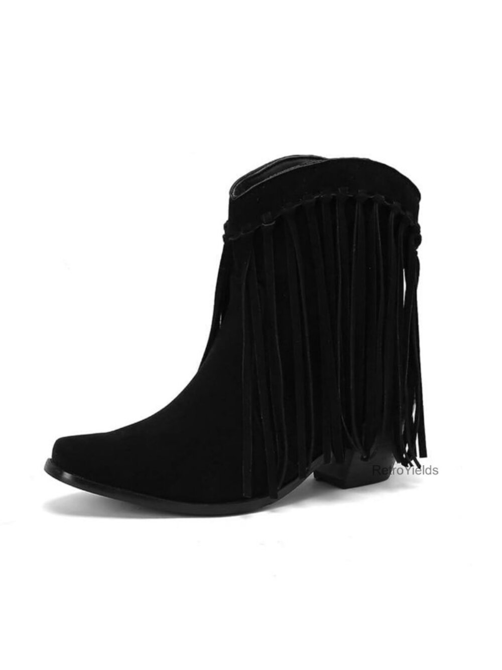 Faux Suede Fringe Ankle Boots Pull On Square Toe Western Booties Women